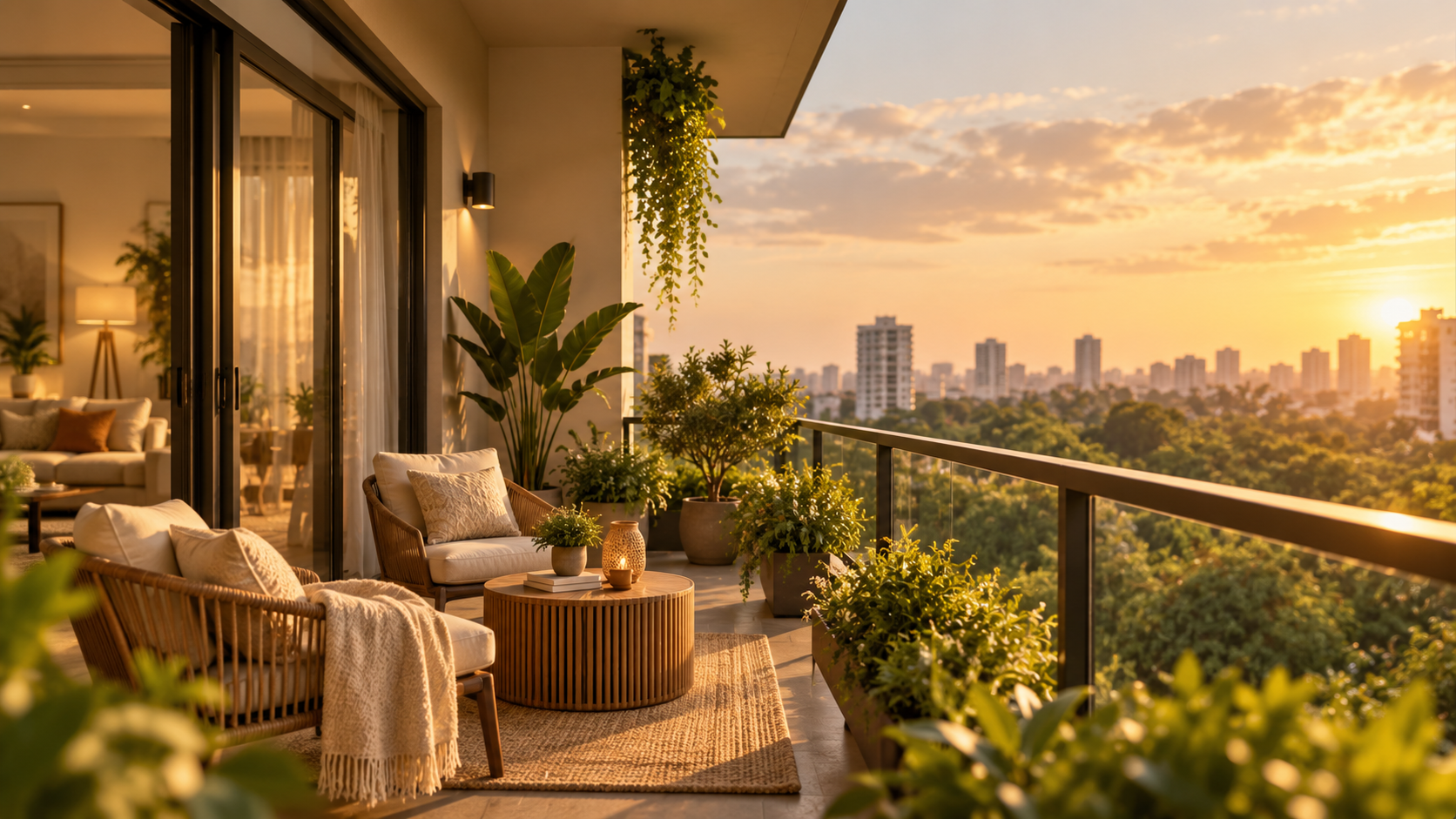 Sunlit Bangalore apartment balcony overlooking the city